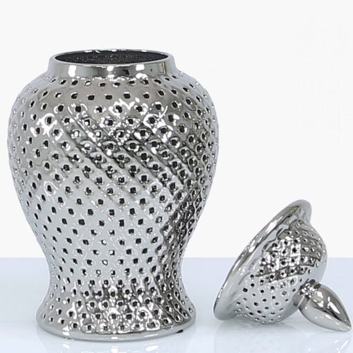 Silver Ceramic Ginger Jar Vase Home Decoration With Domed Lid 46cm