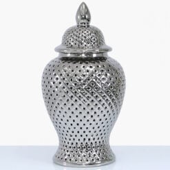 Silver Ceramic Ginger Jar Vase Home Decoration With Domed Lid 61cm