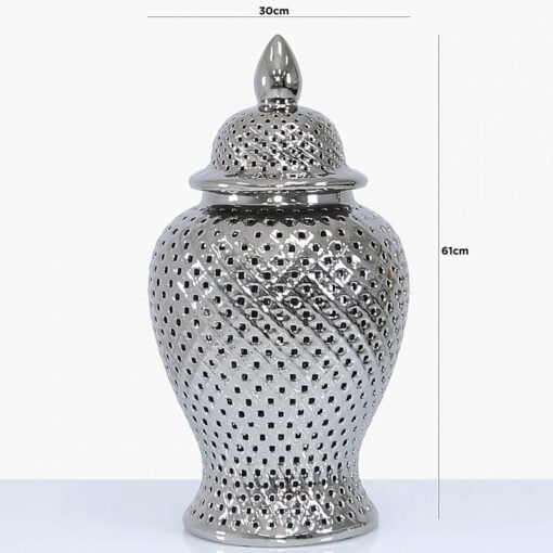 Silver Ceramic Ginger Jar Vase Home Decoration With Domed Lid 61cm
