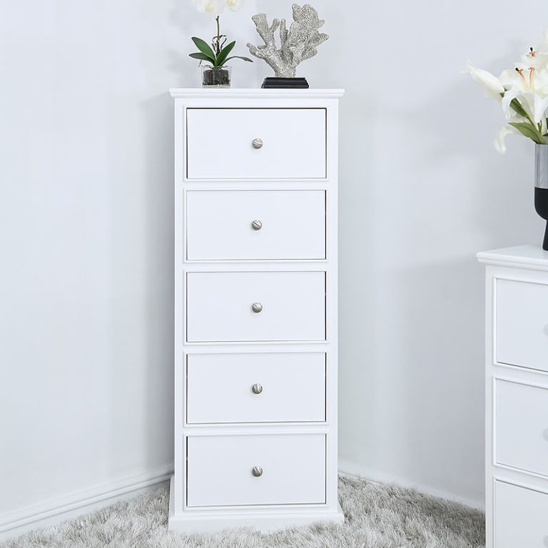 Arabella White Wood 5 Drawer Tallboy Cabinet Sideboard Chest | Picture ...