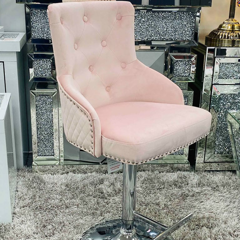 Camilla Pink Velvet And Chrome Bar Stool With A Lion Ring Knocker