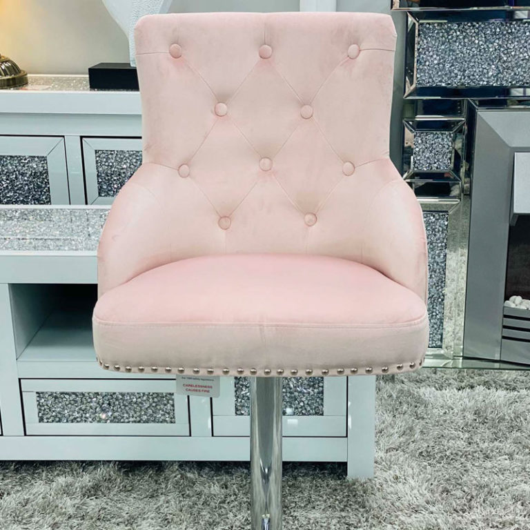 Camilla Pink Velvet And Chrome Bar Stool With A Lion Ring Knocker