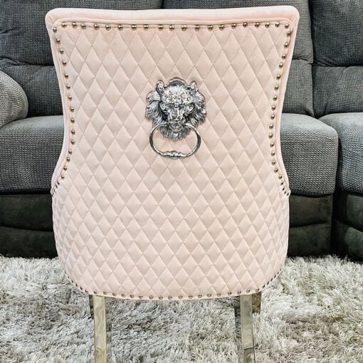 Camilla Pink Velvet And Chrome Dining Chair With Lion Ring Knocker