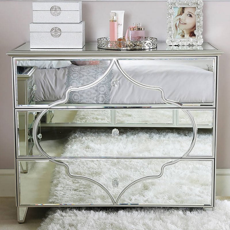 Sahara Marrakech Moroccan Silver Mirrored Large 3 Drawer Chest Cabinet Picture Perfect Home