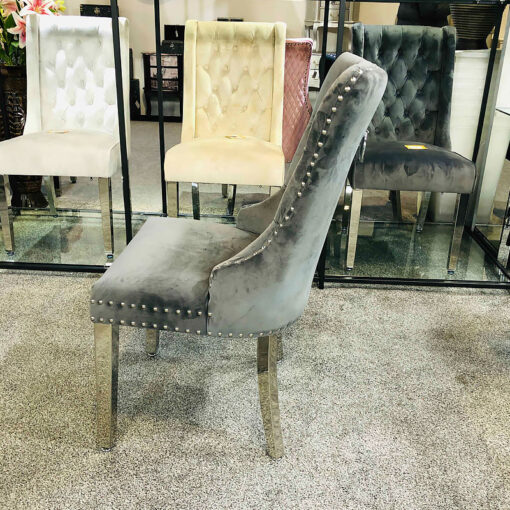Allegra Grey Velvet And Chrome Tufted Dining Chair With Ring Knocker