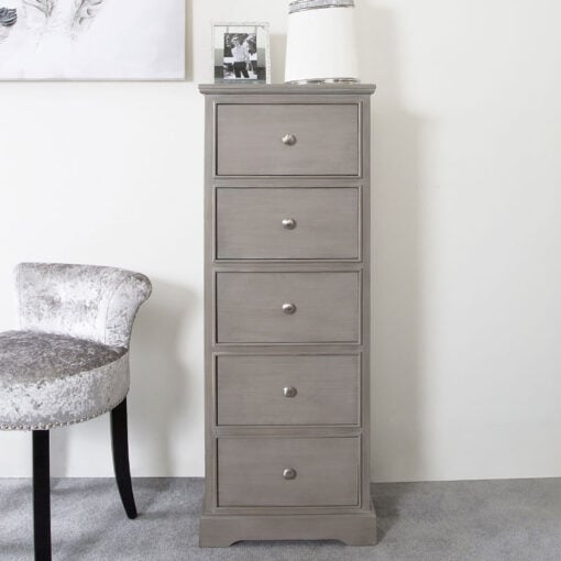 Arabella Taupe Wood 5 Drawer Tallboy Cabinet Chest Of Drawers