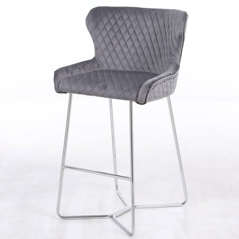 Aubrey Grey Velvet Bar Stool With Studded Detail And Chrome Legs