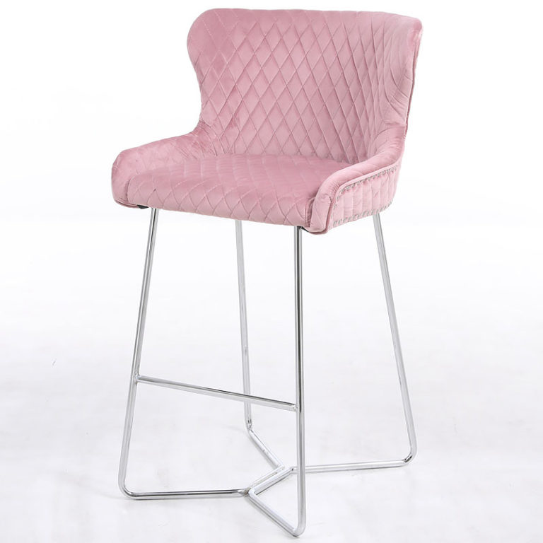 Aubrey Pink Velvet Bar Stool With Studded Detail And Chrome Legs