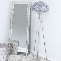 Chrome Tripod Floor Lamp With Grey Feather Shade
