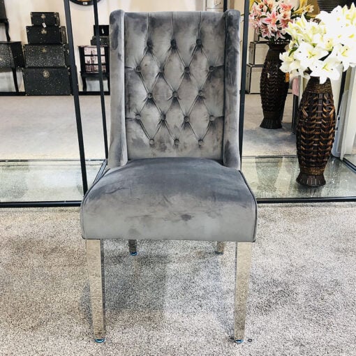 Felicity Grey Velvet Dining Chair With Chrome Legs And Ring Knocker