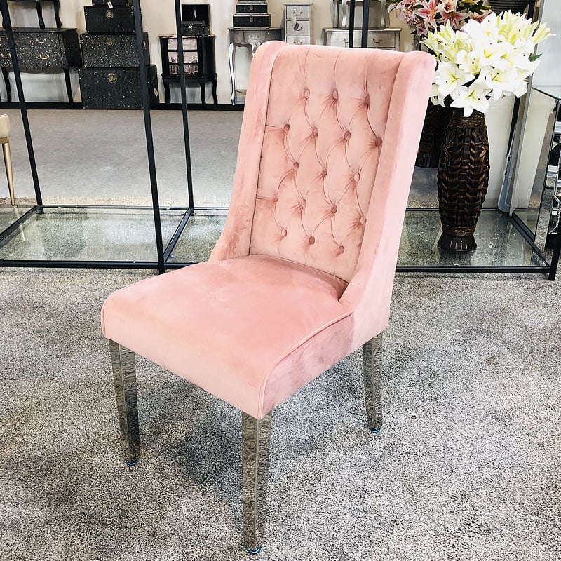 Felicity Pink Velvet Dining Chair With Chrome Legs And Ring Knocker
