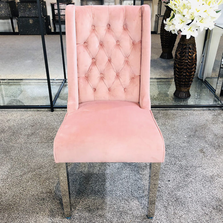 Set Of 2 Felicity Pink Velvet Dining Chairs With Chrome Legs And Ring
