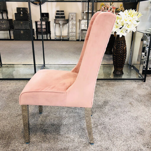 Felicity Pink Velvet Dining Chair With Chrome Legs And Ring Knocker