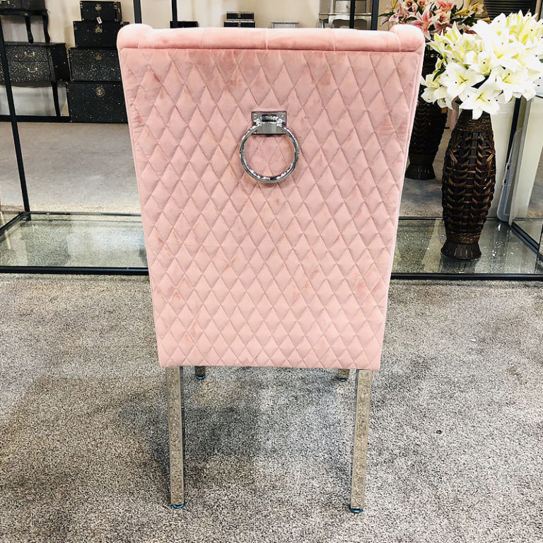 Set Of 2 Felicity Pink Velvet Dining Chairs With Chrome Legs And Ring