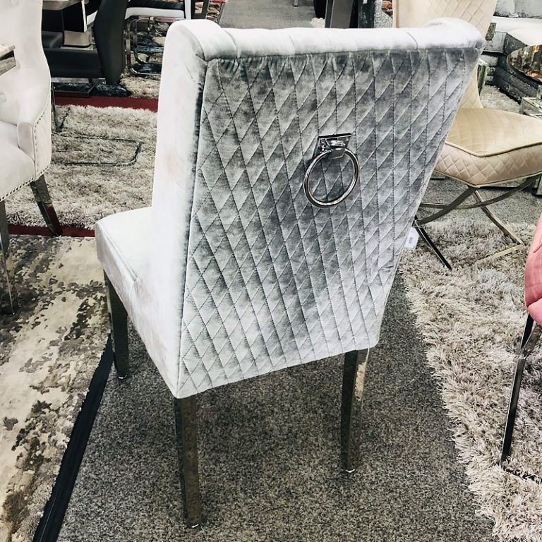 Felicity Silver Velvet Dining Chair With Chrome Legs And Ring Knocker