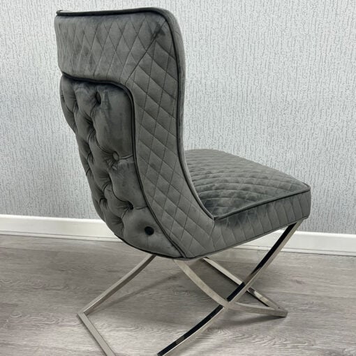 Hepburn Grey Velvet Tufted Back Dining Chair With Curved Chrome Legs