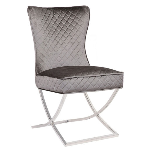 Hepburn Grey Velvet Tufted Back Dining Chair With Curved Chrome Legs