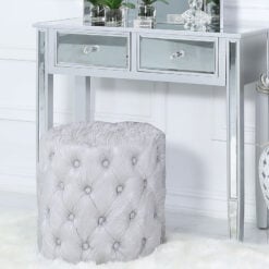 Round Silver Velvet Deeply Padded Stool Ottoman With Tufted Buttons