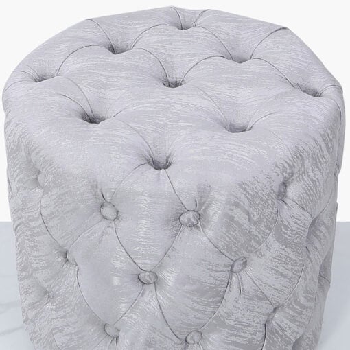 Round Silver Fabric Deeply Padded Stool Ottoman With Tufted Buttons