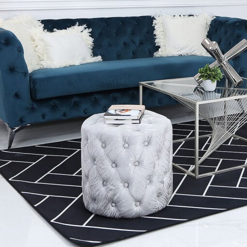 Round Silver Fabric Deeply Padded Stool Ottoman With Tufted Buttons