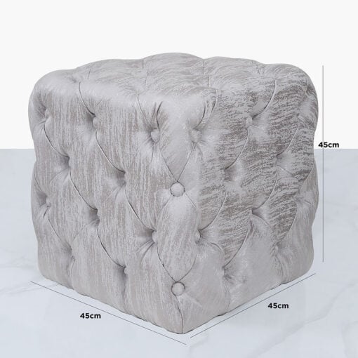 Silver Fabric Deeply Padded Stool Ottoman With Tufted Buttons