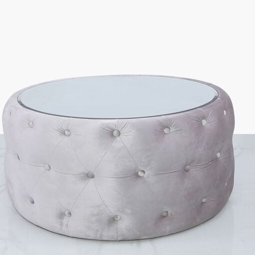 Soft Pink Velvet Coffee Table With Tufted Buttons And Mirrored Top