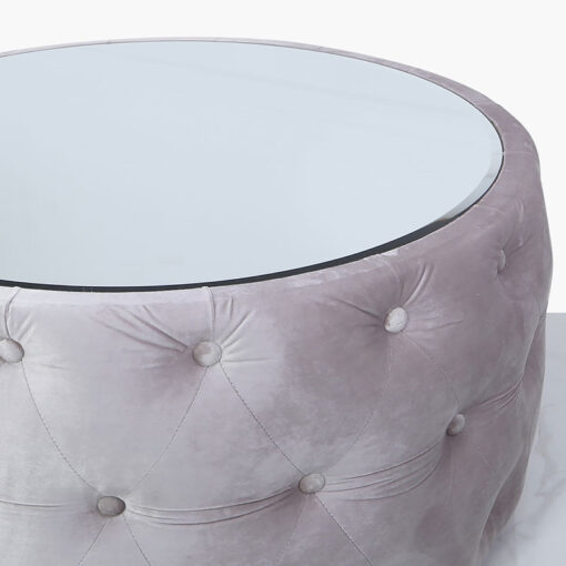 Soft Pink Velvet Coffee Table With Tufted Buttons And Mirrored Top