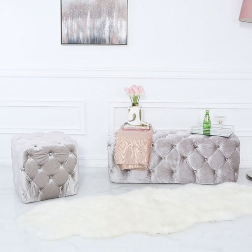 Soft Pink Velvet Deeply Padded Stool Ottoman With Tufted Buttons