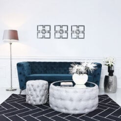 Soft Silver Fabric Coffee Table With Tufted Buttons And Mirrored Top