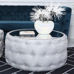 Soft Silver Velvet Coffee Table With Tufted Buttons And Mirrored Top