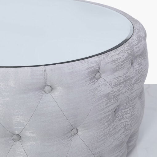 Soft Silver Fabric Coffee Table With Tufted Buttons And Mirrored Top