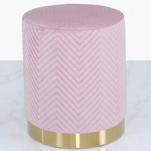 Blush Pink Patterned Velvet And Gold Metal Round Footstool Ottoman