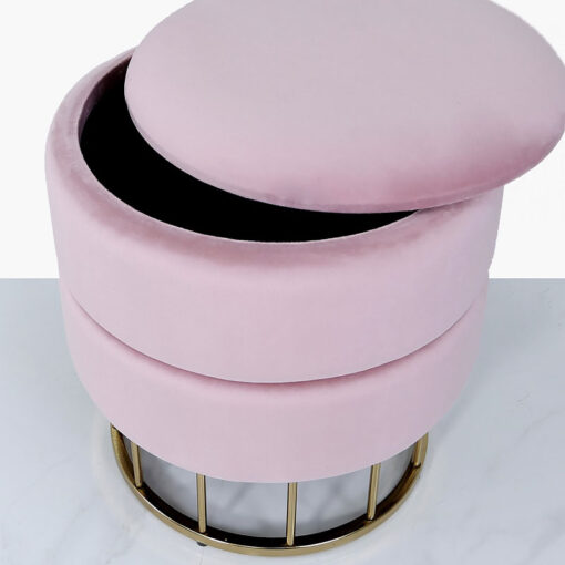 Blush Pink Velvet And Gold Metal Round Storage Ottoman Stool