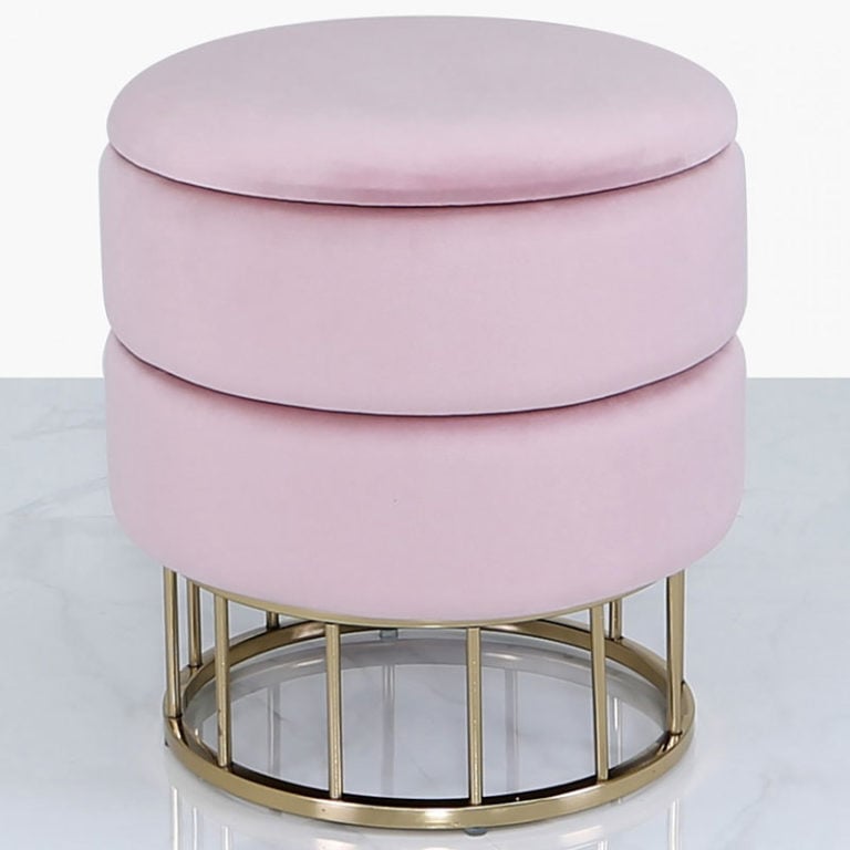 Blush Pink Velvet And Gold Metal Round Storage Ottoman Stool Picture