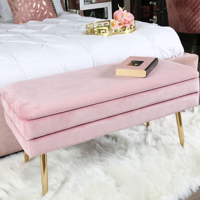 Blush Pink Velvet And Gold Metal Storage Ottoman Bench | Picture