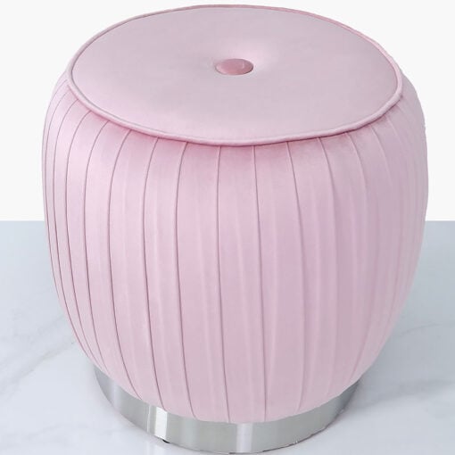 Blush Pink Velvet And Stainless Steel Round Footstool Ottoman