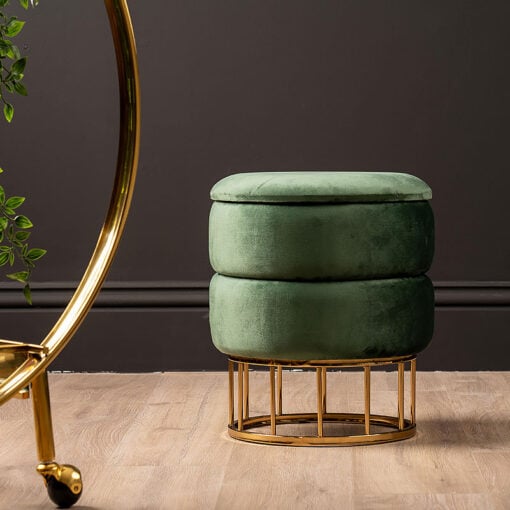 Forest Green Velvet And Gold Metal Round Storage Ottoman Stool