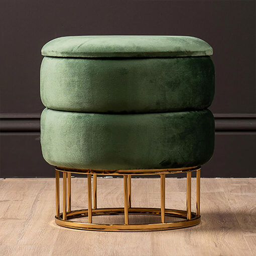 Forest Green Velvet And Gold Metal Round Storage Ottoman Stool