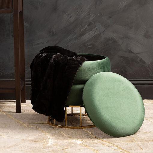 Forest Green Velvet And Gold Metal Round Storage Ottoman Stool