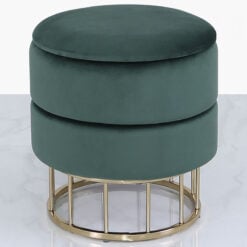 Forest Green Velvet And Gold Metal Round Storage Ottoman Stool