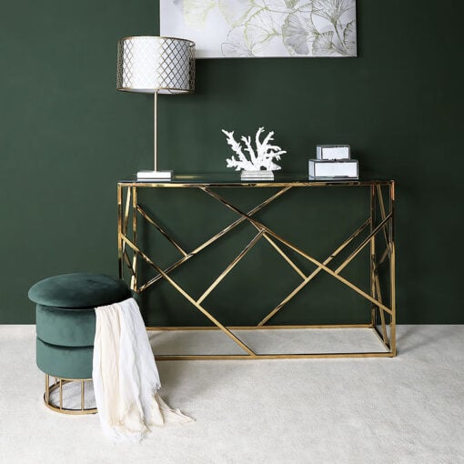 Forest Green Velvet And Gold Metal Round Storage Ottoman Stool