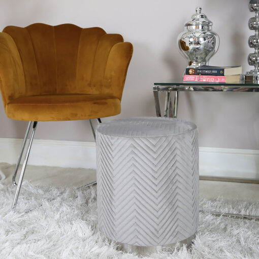 Grey Patterned Velvet And Chrome Round Footstool Stool Ottoman