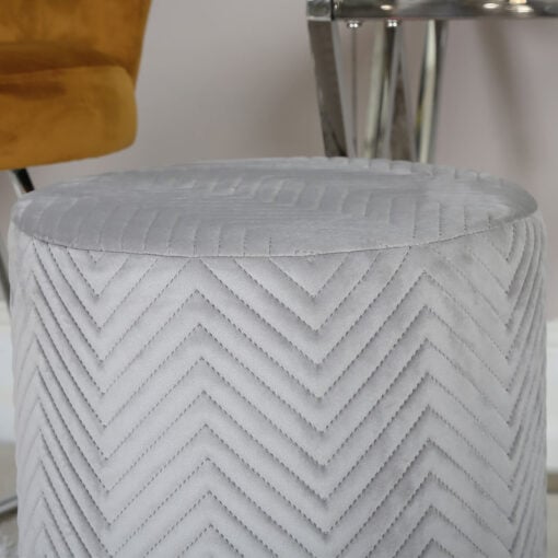 Grey Patterned Velvet And Chrome Round Footstool Stool Ottoman