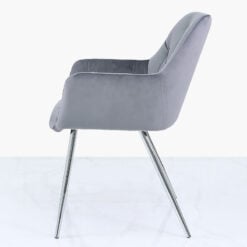 Grey Velvet And Chrome Dining Chair With Tufted Buttons