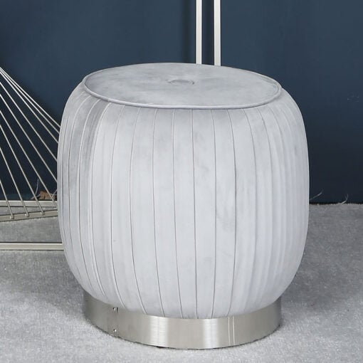 Grey Velvet And Stainless Steel Round Footstool Ottoman