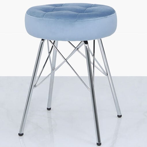 Light Blue Velvet Tufted Stool Footstool With Chrome Legs