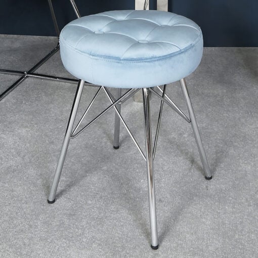 Light Blue Velvet Tufted Stool Footstool With Chrome Legs