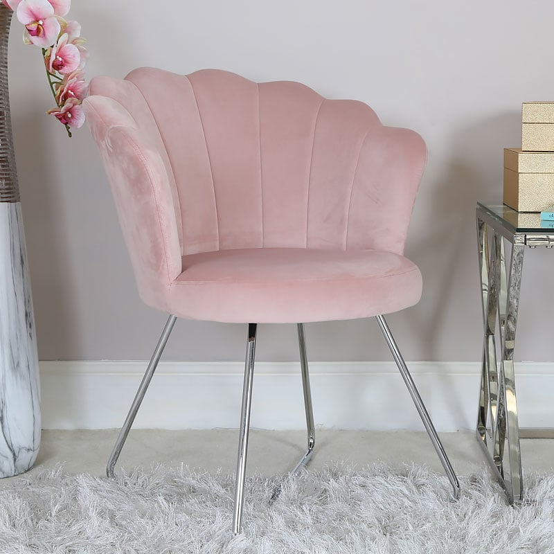 Dining Chair Armchair With Chrome Legs, Pale Pink Dining Room Chairs