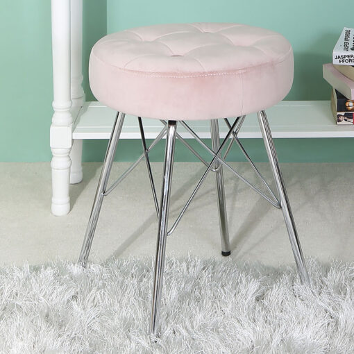 Light Pink Velvet Tufted Stool Footstool With Chrome Legs