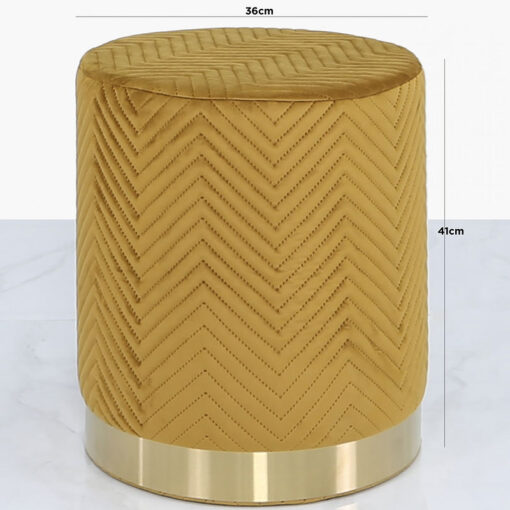 Mustard Yellow Patterned Velvet And Gold Metal Round Footstool Ottoman